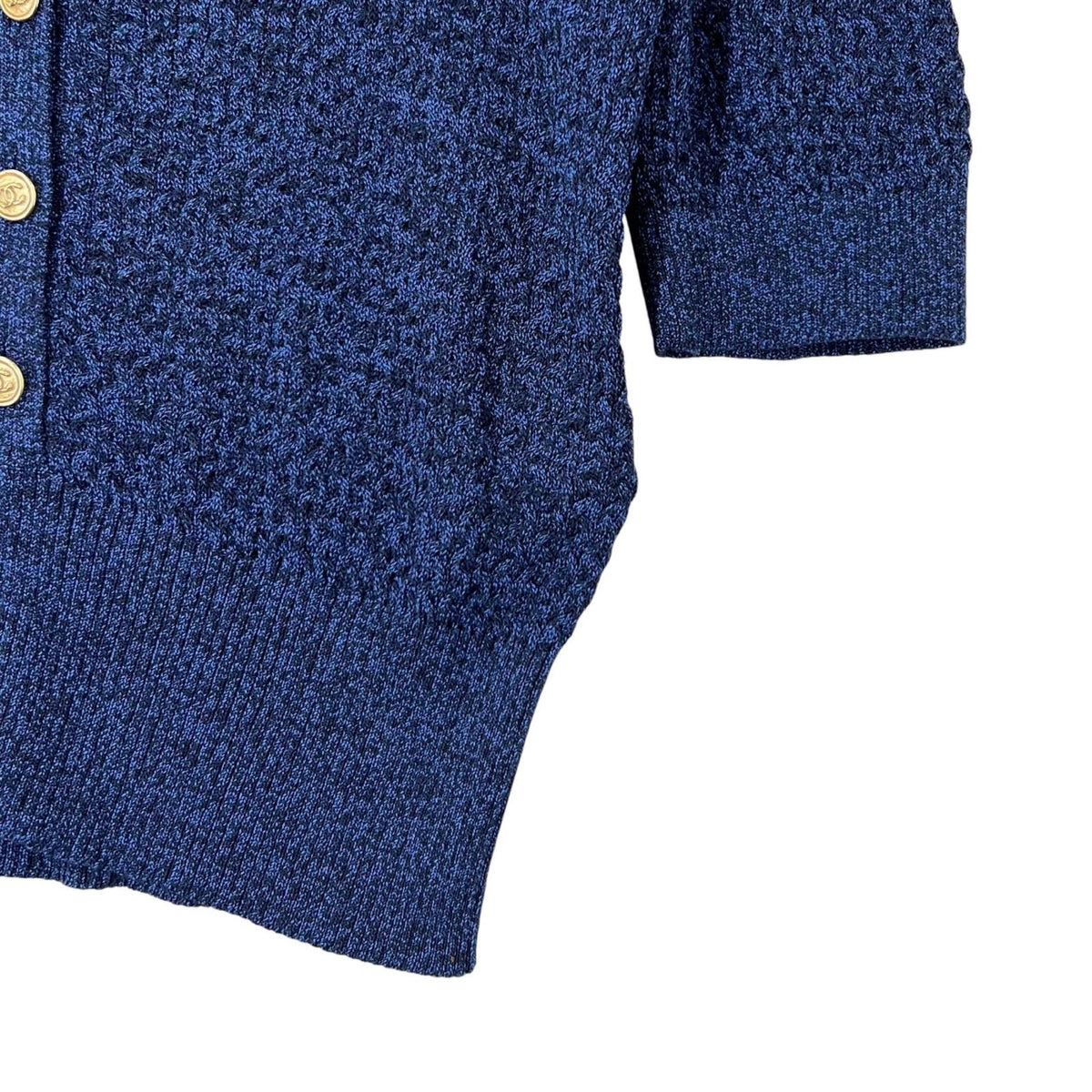Chanel SS Short Sleeve Knit Silk Blue CC Logo Button Sweater 38 — view 4