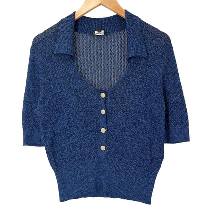 Chanel SS Short Sleeve Knit Silk Blue CC Logo Button Sweater 38