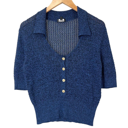 Chanel SS Short Sleeve Knit Silk Blue CC Logo Button Sweater 38
