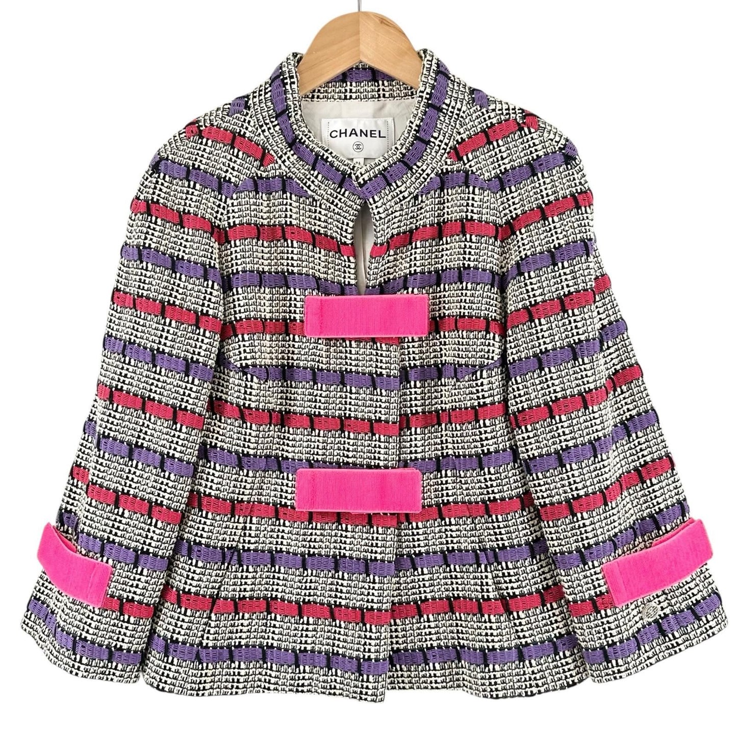 Chanel Border AW Collarless Jacket Cotton Multicolor 34