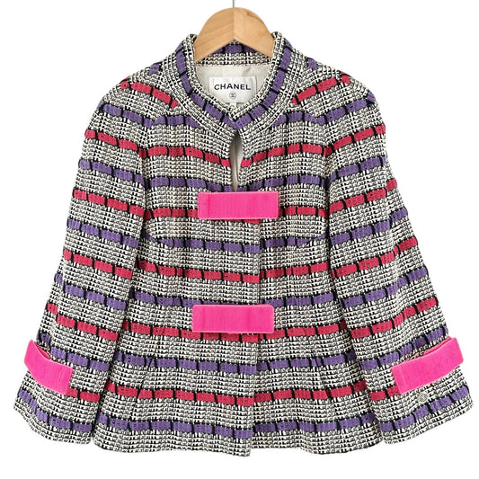 Chanel Border AW Collarless Jacket Cotton Multicolor 34
