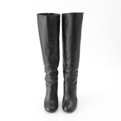 Chanel Leather Pearl Heels Long Boots Black 36.5C — view 2