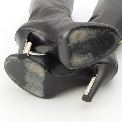 Chanel Leather Pearl Heels Long Boots Black 36.5C — view 5