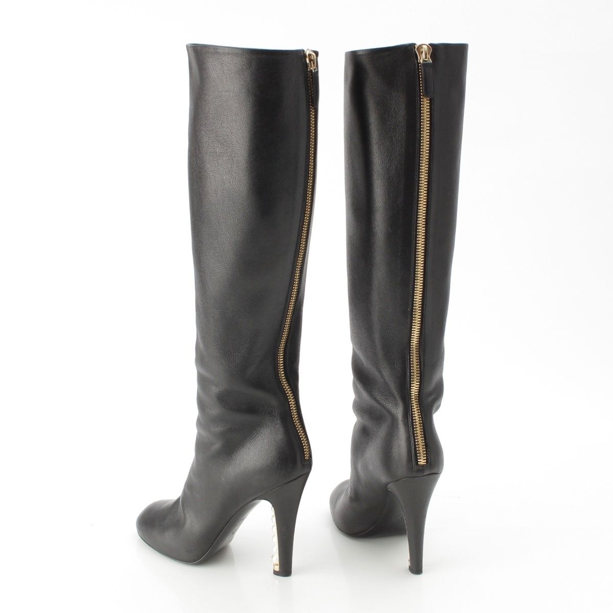Chanel Leather Pearl Heels Long Boots Black 36.5C — view 4