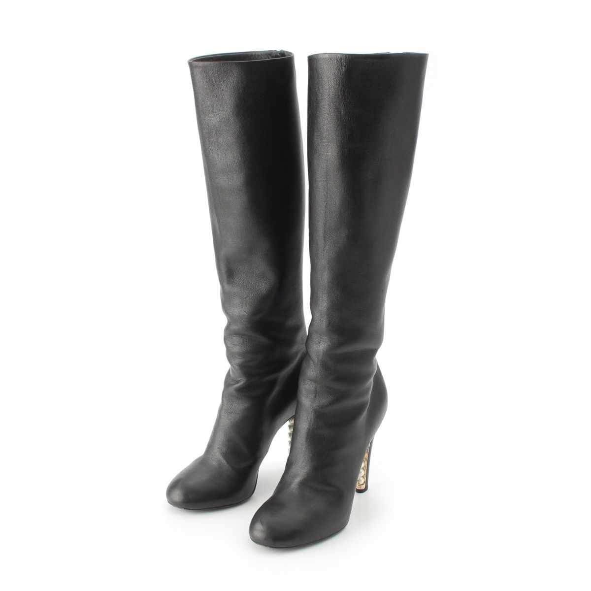 Chanel Leather Pearl Heels Long Boots Black 36.5C