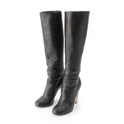 Chanel Leather Pearl Heels Long Boots Black 36.5C