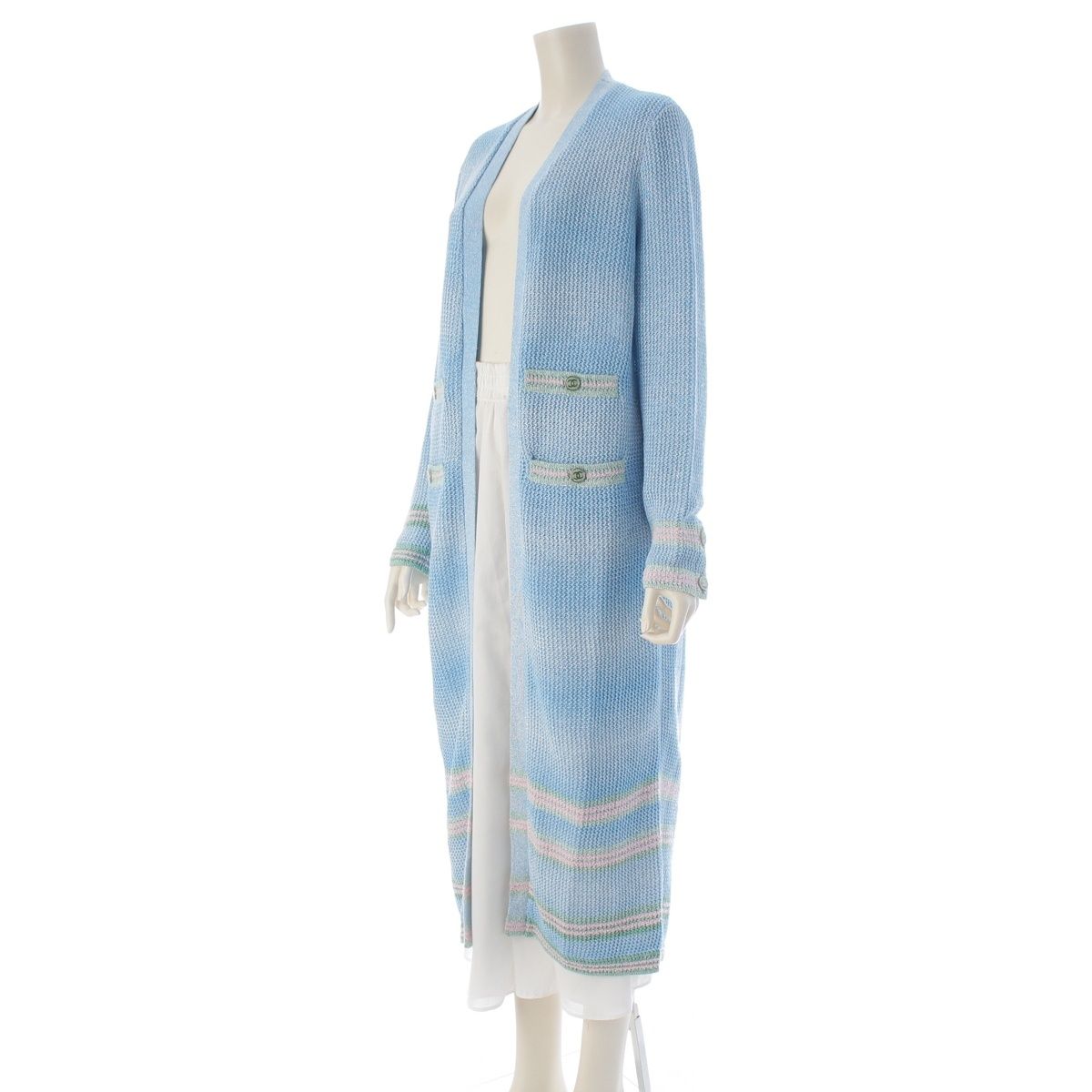Chanel Linen Coco Button 4 Pocket Long Cardigan Light Blue 38 — view 2