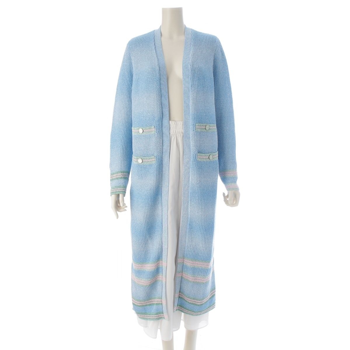 Chanel Linen Coco Button 4 Pocket Long Cardigan Light Blue 38