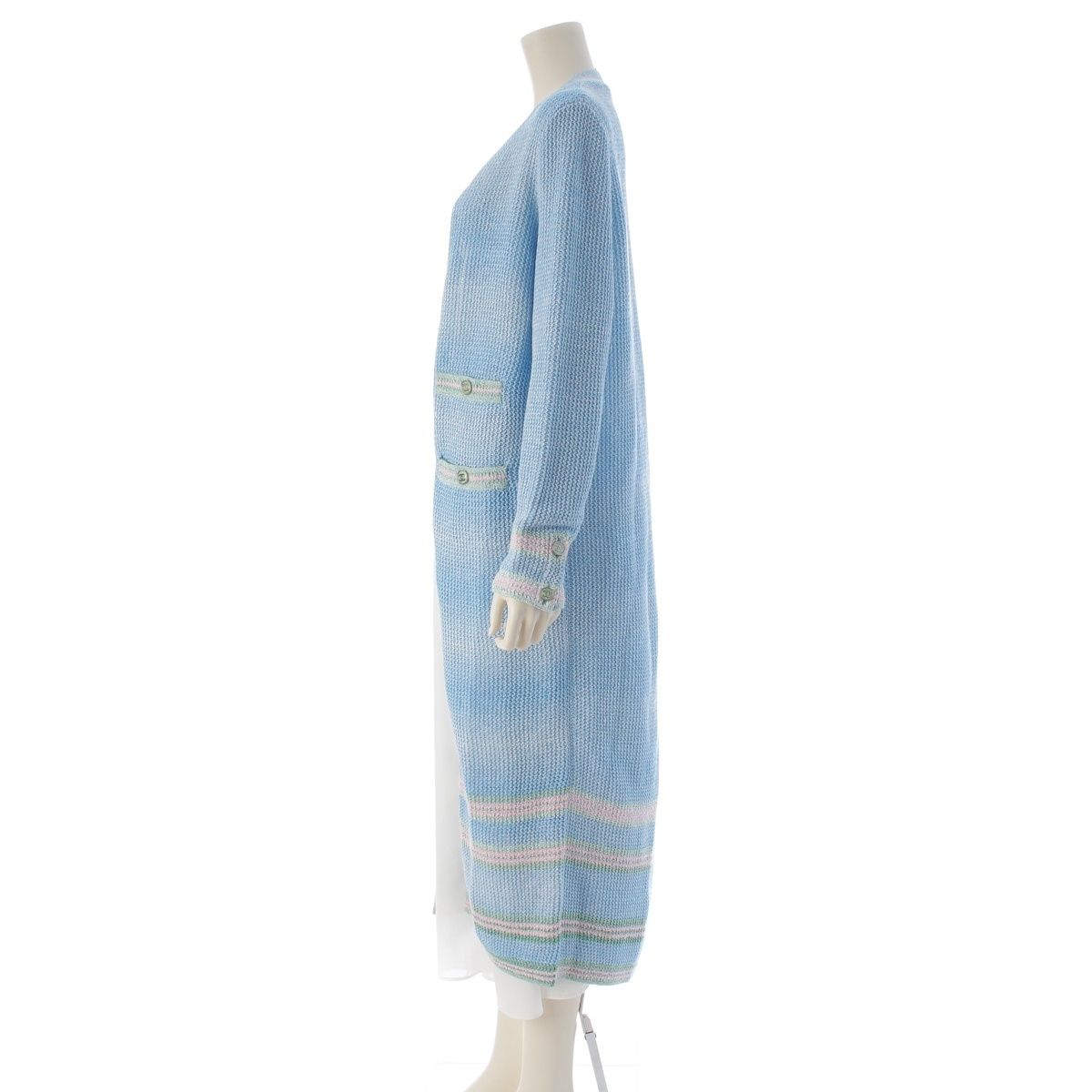 Chanel Linen Coco Button 4 Pocket Long Cardigan Light Blue 38 — view 3