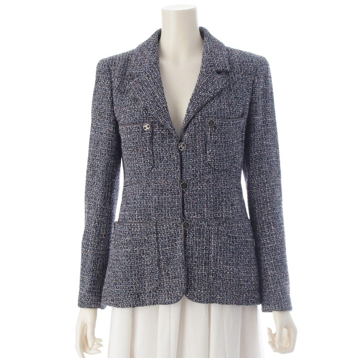 Chanel CC Logo Tweed Jacket Blue Pink 38