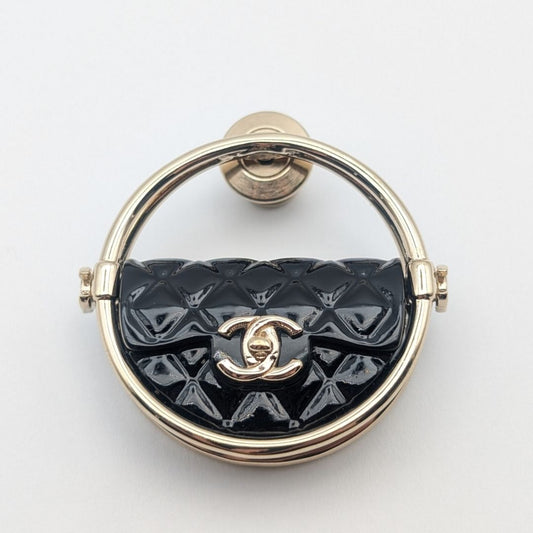 Chanel Brooch CC Logo Turnlock Quilted Bag Motif Gold Black Pin Badge 23c
