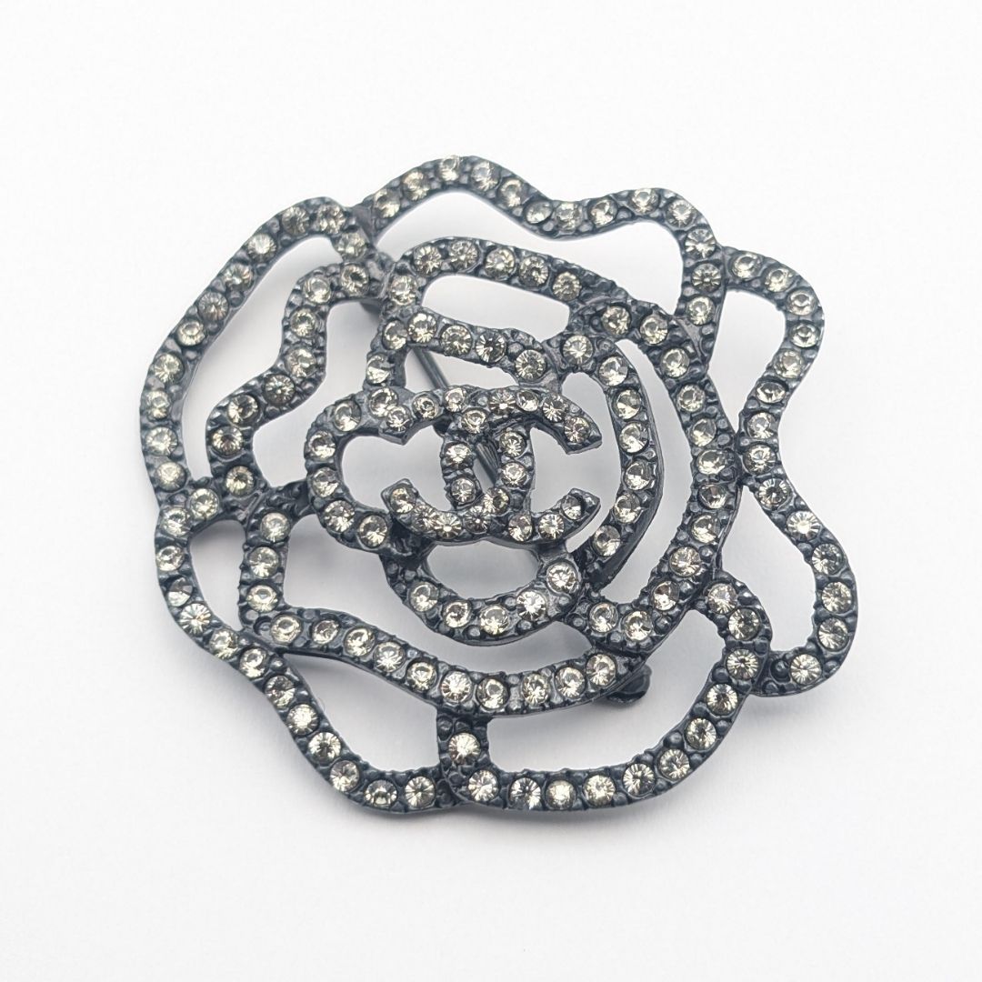 Chanel 00A Brooch CC Logo Black Camellia Rhinestone Vintage