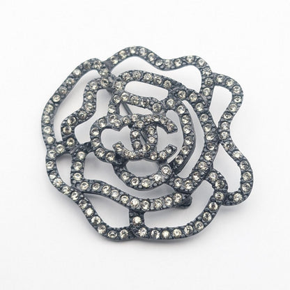 Chanel 00A Brooch CC Logo Black Camellia Rhinestone Vintage