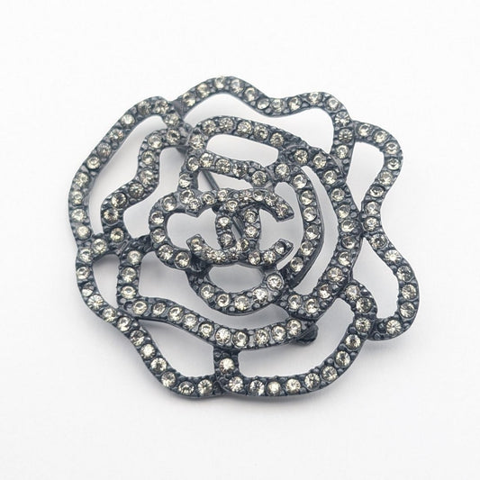 Chanel 00A Brooch CC Logo Black Camellia Rhinestone Vintage