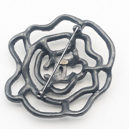 Chanel 00A Brooch CC Logo Black Camellia Rhinestone Vintage — view 3
