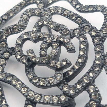 Chanel 00A Brooch CC Logo Black Camellia Rhinestone Vintage — view 2