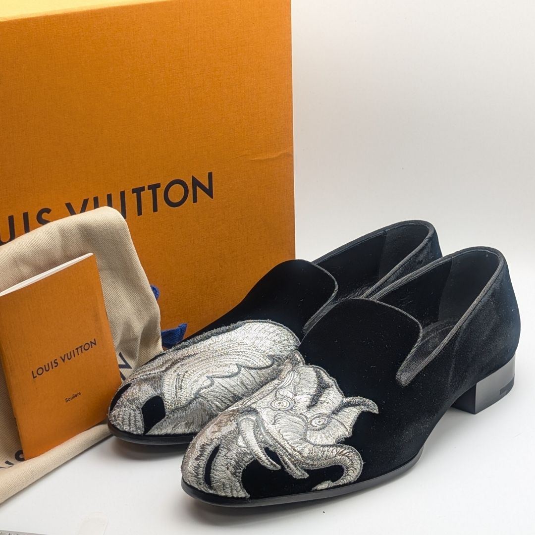 Louis Vuitton Chapman Brazza Auteuil Loafers Black Velvet Velour Embroidery