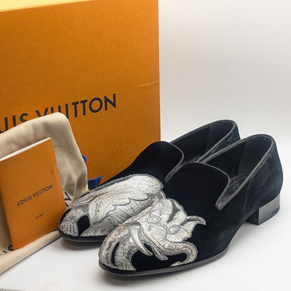 Louis Vuitton Chapman Brazza Auteuil Loafers Black Velvet Velour Embroidery
