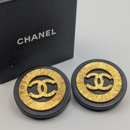 Chanel Earrings CC Logo Gold Black Large Round Vintage