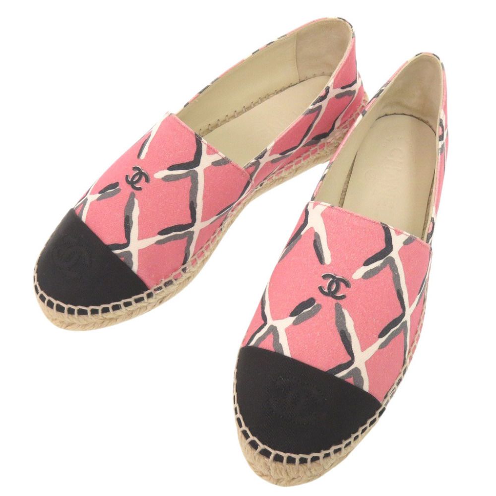 Chanel Espadrilles CC Logo Canvas Hemp Pink Black Flat Shoes Slip On 38