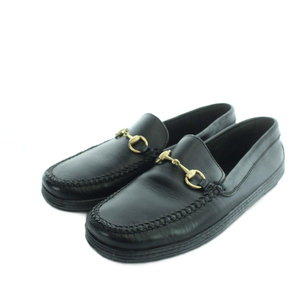Gucci Loafers Leather Horsebit Square Toe Logo Black 6.5