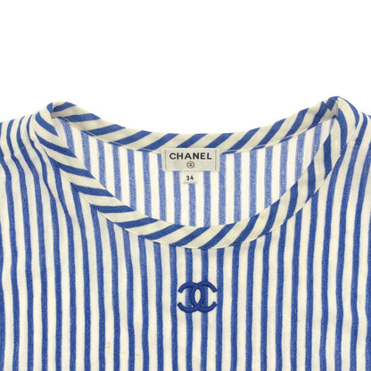 Chanel CC Logo Striped Shirred T-Shirt Blue White 34 — view 4