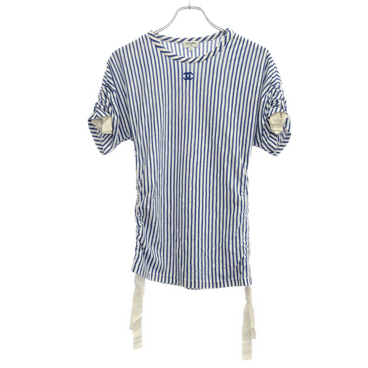 Chanel CC Logo Striped Shirred T-Shirt Blue White 34