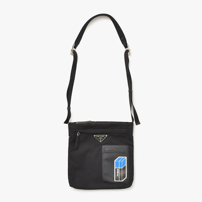 Prada Shoulder Bag Triangle Logo Black Silver Nylon Leather
