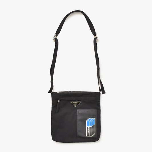 Prada Shoulder Bag Triangle Logo Black Silver Nylon Leather