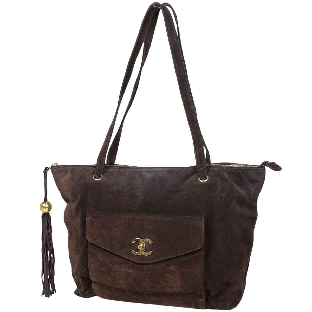 Chanel CC Logo Fringe Tote Bag Suede Brown