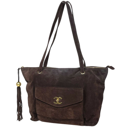 Chanel CC Logo Fringe Tote Bag Suede Brown