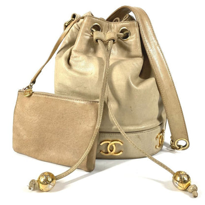 Chanel Shoulder Bag Triple Coco CC Logo Drawstring Leather Beige
