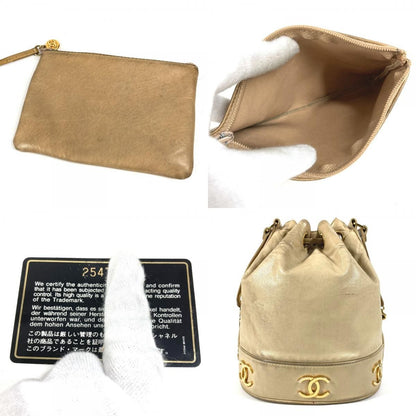 Chanel Shoulder Bag Triple Coco CC Logo Drawstring Leather Beige — view 7