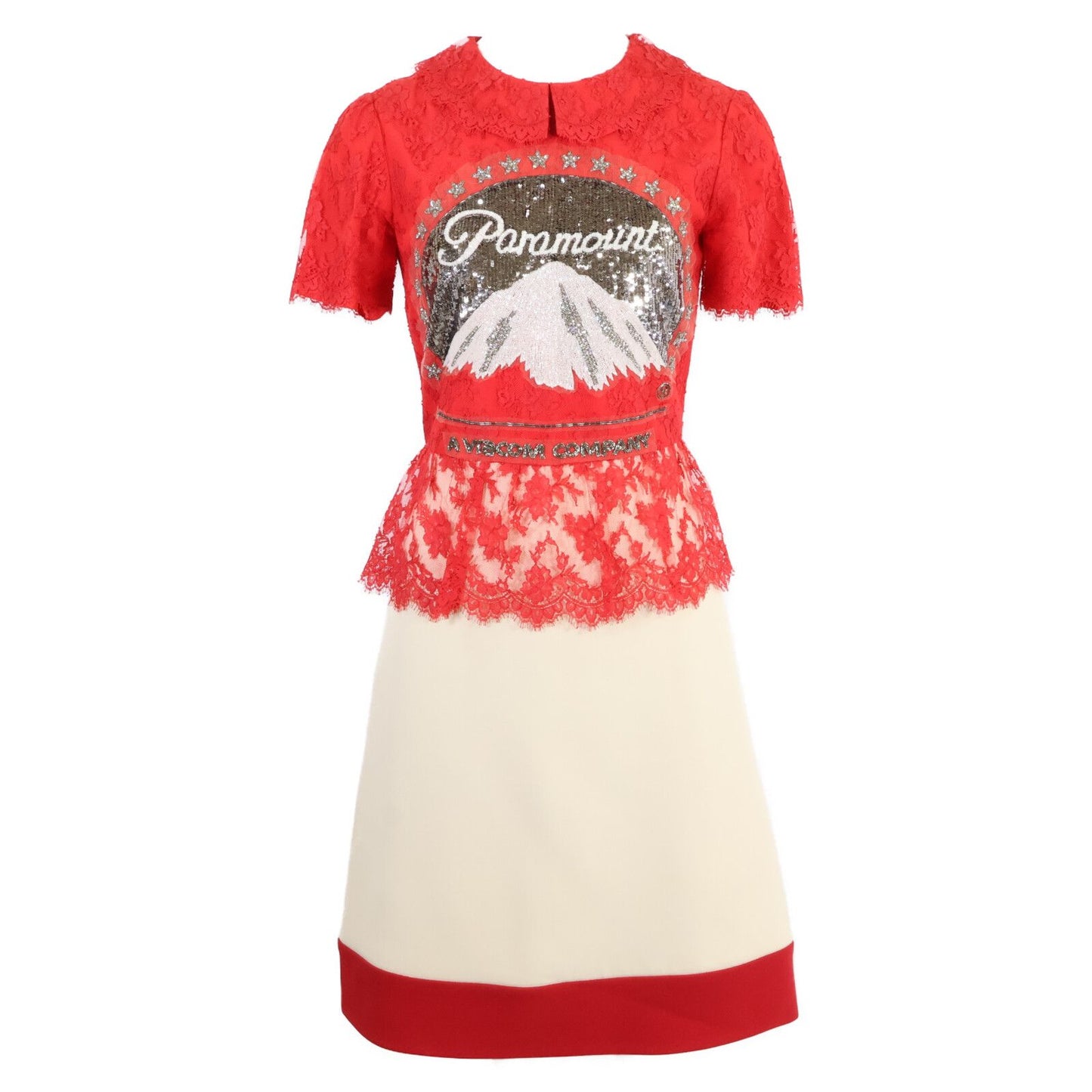 Gucci Paramount Sequin Logo Lace Bicolor Dress 36