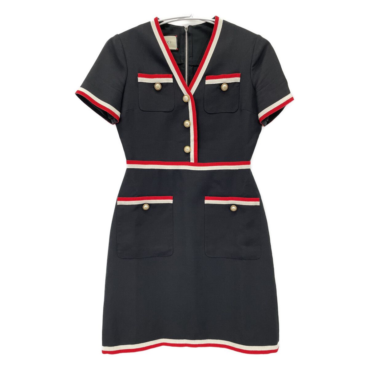 Gucci Navy Black Interlocking G Pearl Button Short Sleeve Dress 38