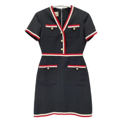 Gucci Navy Black Interlocking G Pearl Button Short Sleeve Dress 38