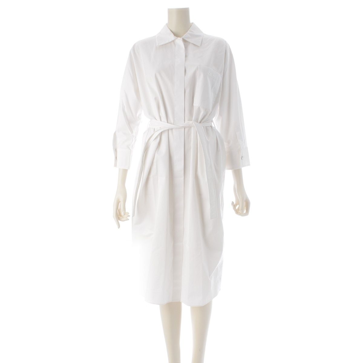 Hermes Cotton Hiyoko Carriage Embroidery Pocket Belt Shirt Dress White 38