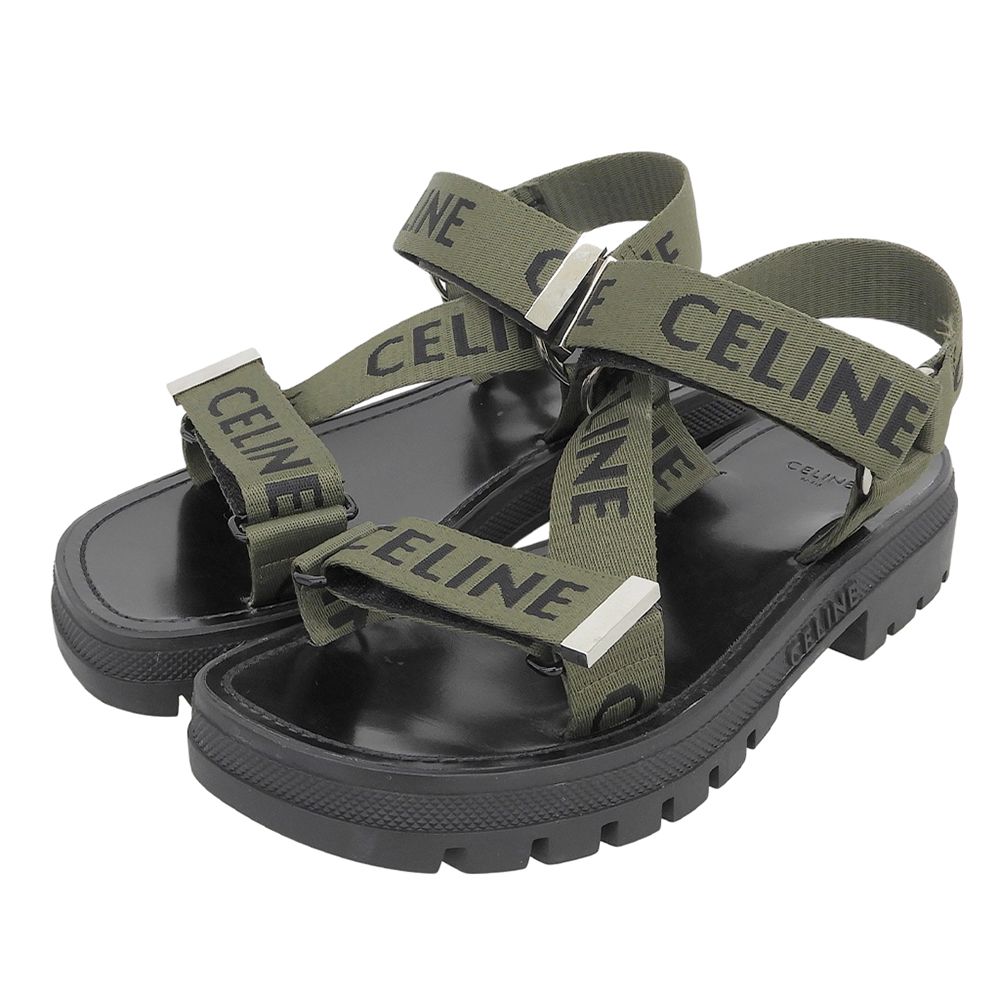 Celine Leo Strappy Logo Sandals Black Khaki Green