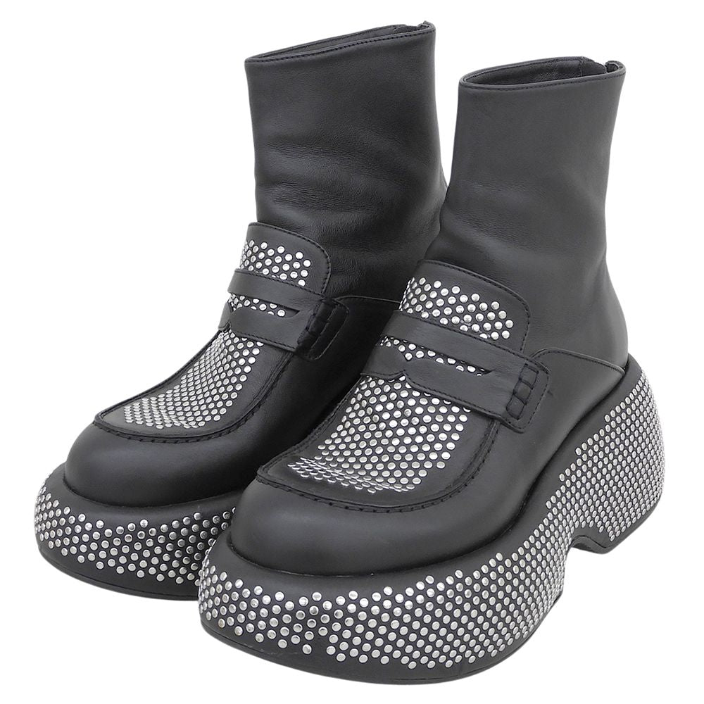 Loewe Leather Silver Studded Back Zip Thick Sole Ankle Boots Black