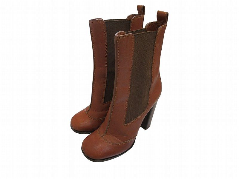 Celine Side Gore Boots High Block Heels Brown