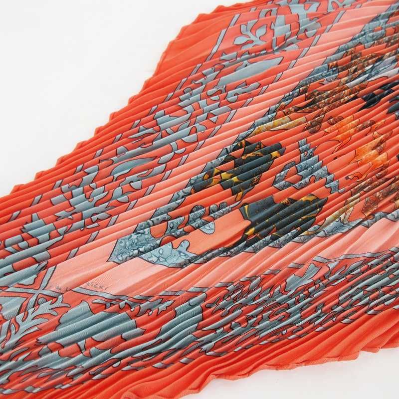 Hermes Pleated Scarf Carre 90 Silk de la Perriere People Animal Orange Blue — view 4