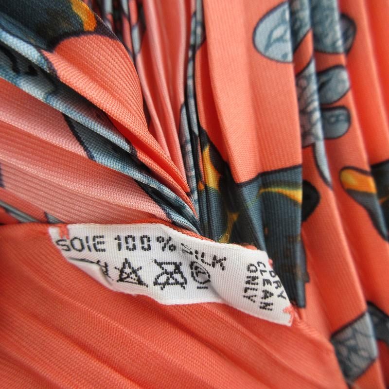 Hermes Pleated Scarf Carre 90 Silk de la Perriere People Animal Orange Blue — view 8