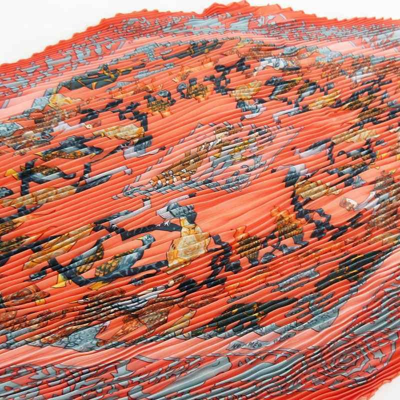 Hermes Pleated Scarf Carre 90 Silk de la Perriere People Animal Orange Blue