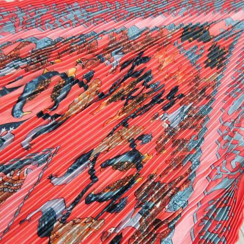 Hermes Pleated Scarf Carre 90 Silk de la Perriere People Animal Orange Blue — view 3