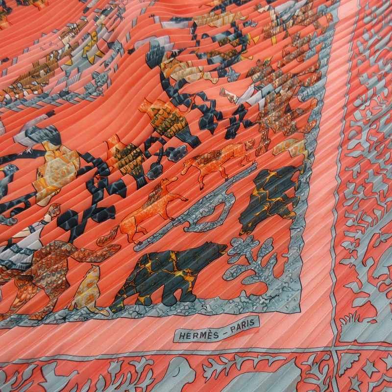 Hermes Pleated Scarf Carre 90 Silk de la Perriere People Animal Orange Blue — view 6