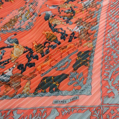 Hermes Pleated Scarf Carre 90 Silk de la Perriere People Animal Orange Blue — view 6