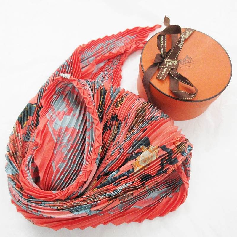Hermes Pleated Scarf Carre 90 Silk de la Perriere People Animal Orange Blue — view 2