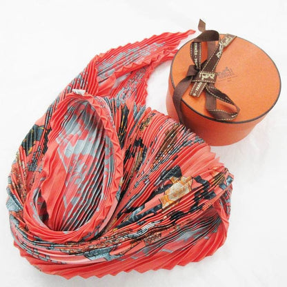 Hermes Pleated Scarf Carre 90 Silk de la Perriere People Animal Orange Blue — view 2