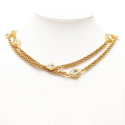 Chanel Diamond Motif Double Strand Chain Necklace Gold Plated Rhinestone