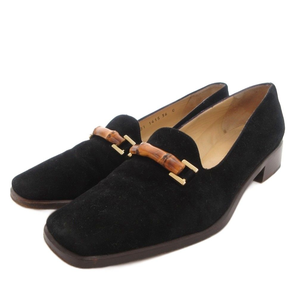 Gucci Bamboo Loafers Shoes Suede Black 36